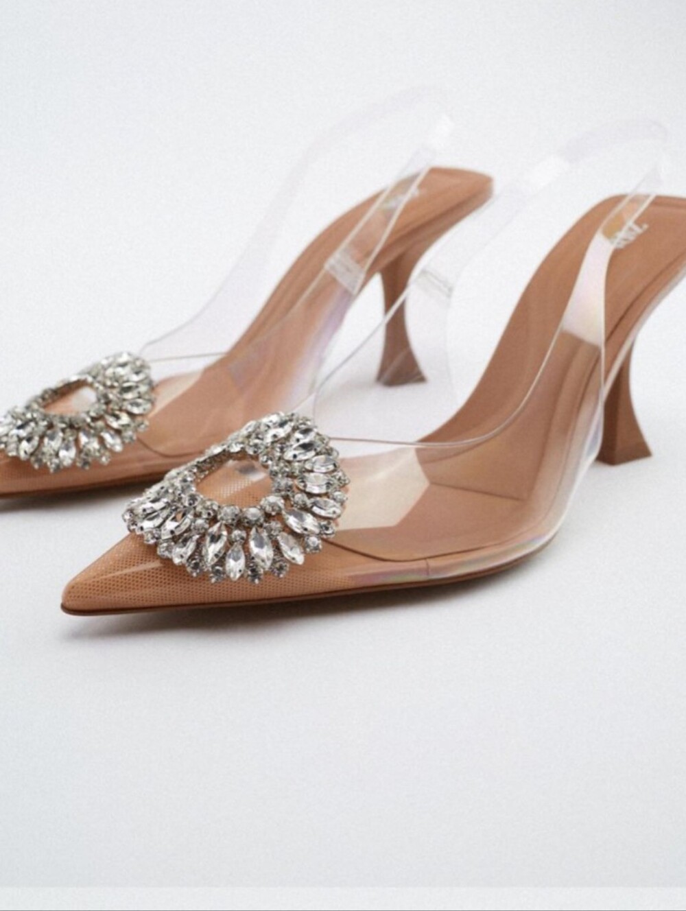 ZARA Rhinestone Clear Pointed Toe Heels Nude Size 39